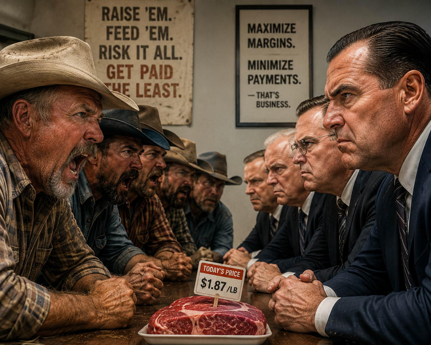 Cattle ranchers and meatpacking executives facing off across a negotiating table over the price of beef