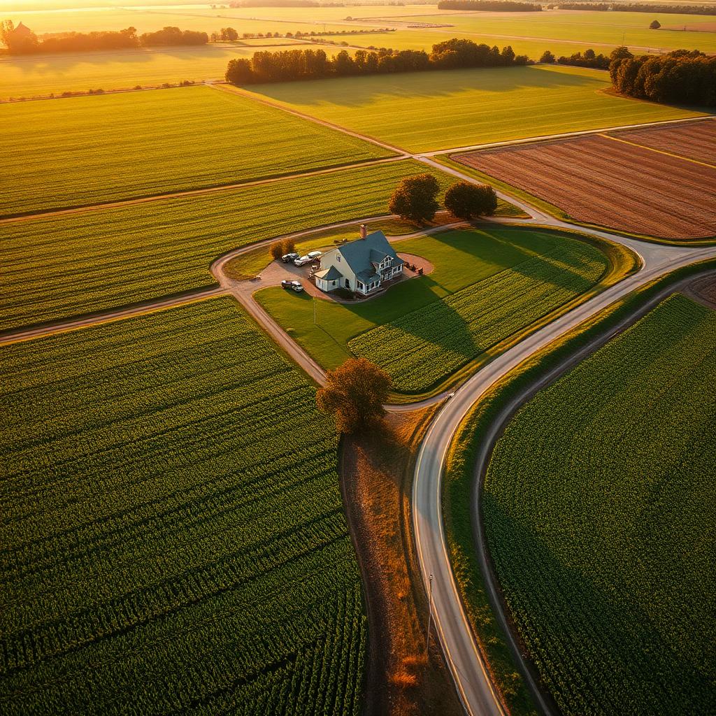 Aerial view of productive American farmland at golden hour with a farmhouse and country road running between green crop fields.