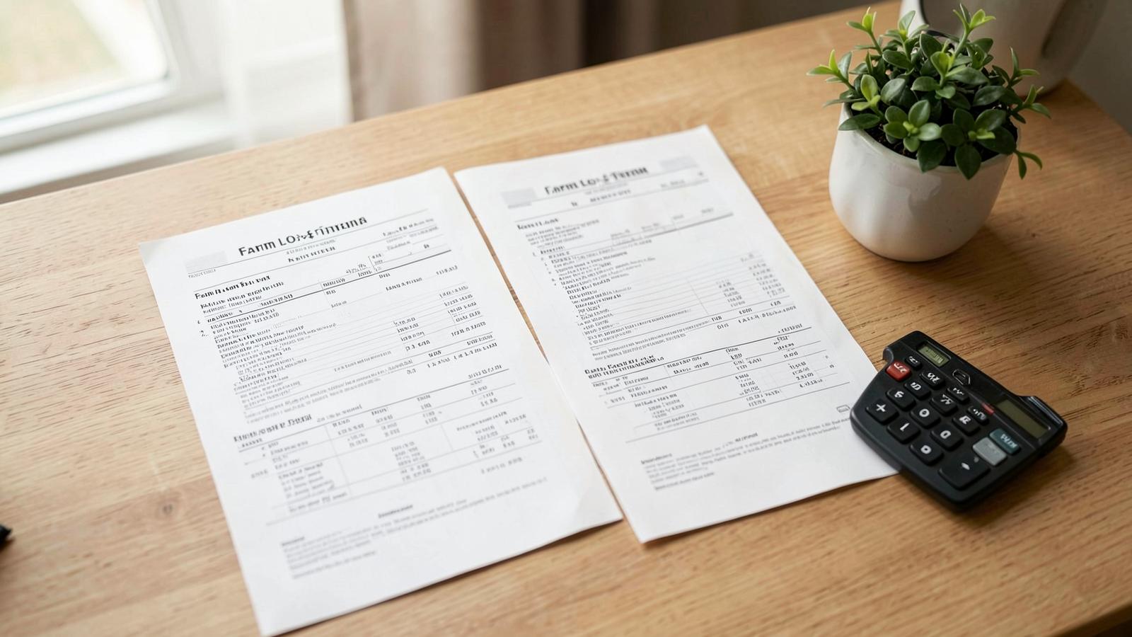 Two farm loan term sheets on a wooden desk with a calculator and reading glasses.