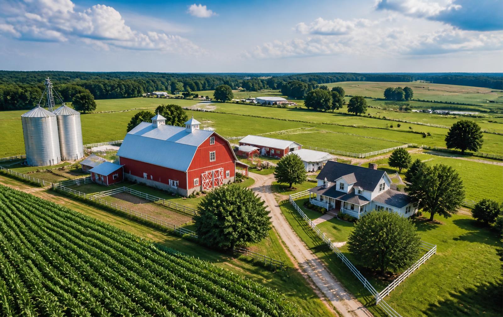 Aerial view of a productive American farm with barns, silos, and green crop fields under a partly cloudy sky.