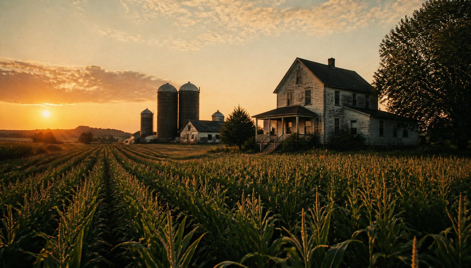 Classic American farm at sunset with corn field, farmhouse, and grain silos.