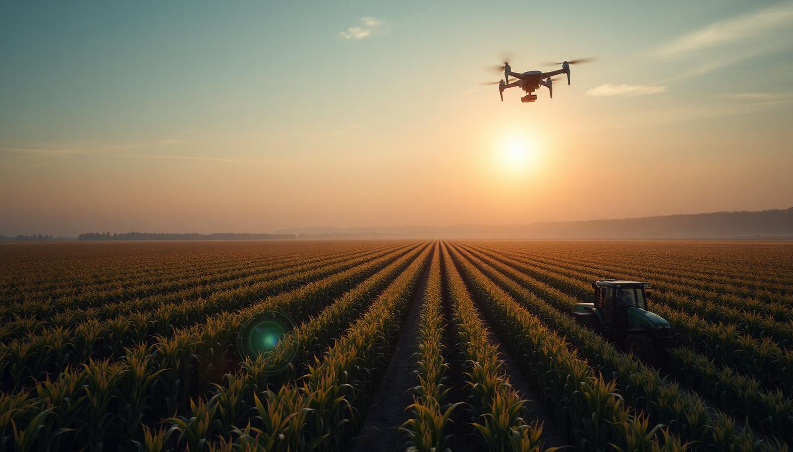 Future of American farming with autonomous equipment and precision agriculture technology at sunset.