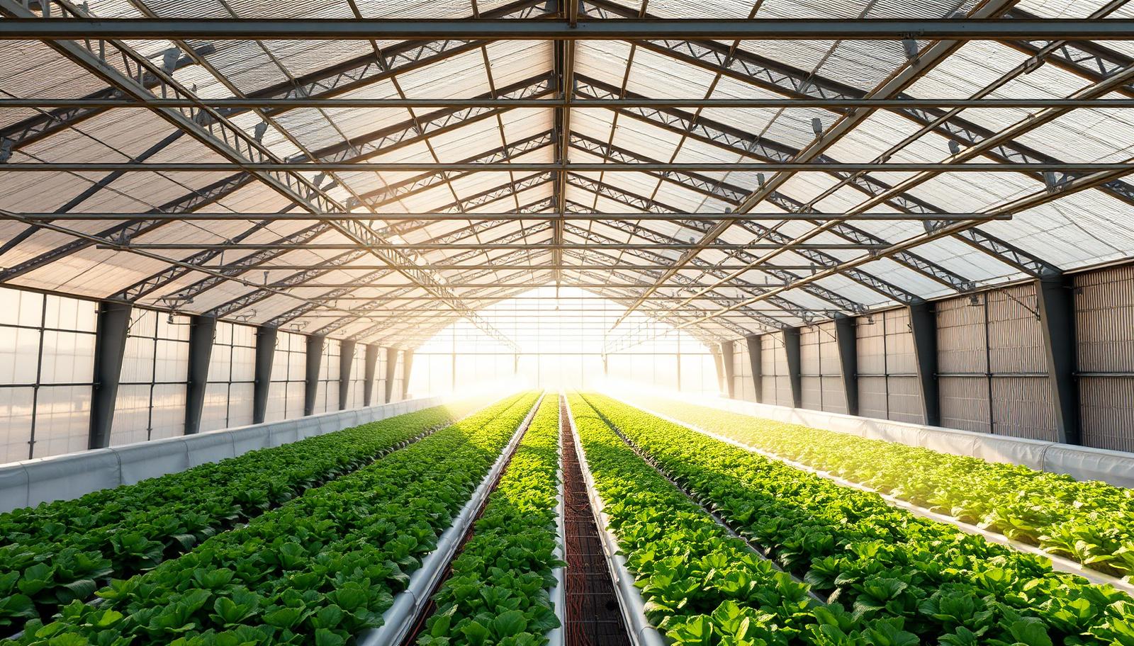 Interior of a large commercial greenhouse with rows of leafy crops under a glass roof.