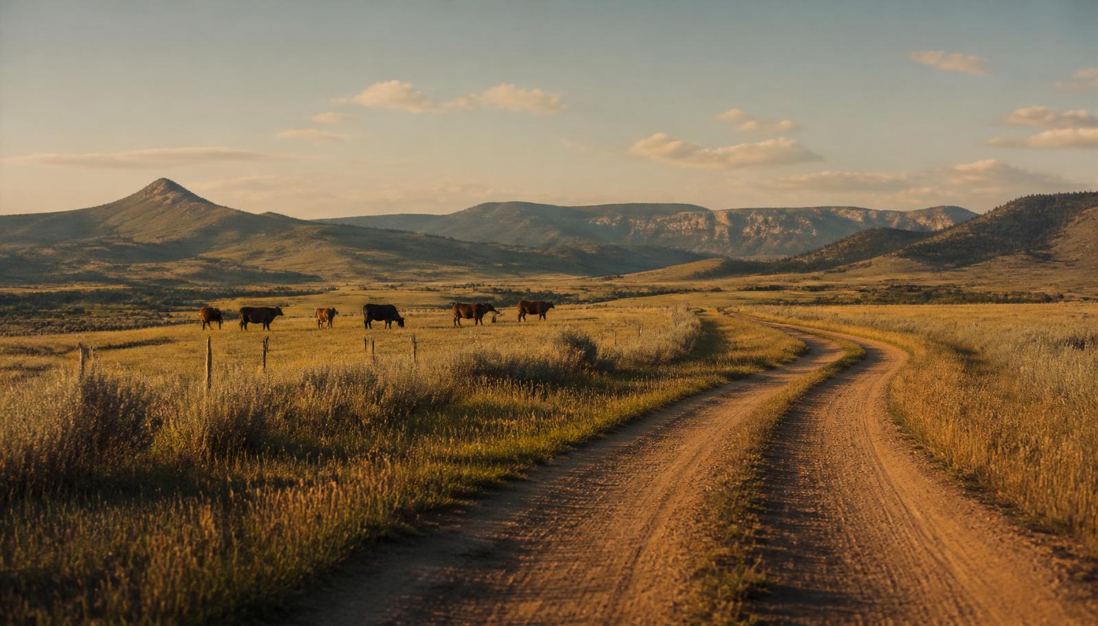 Vast western ranch grassland with a dirt road curving toward distant hills.