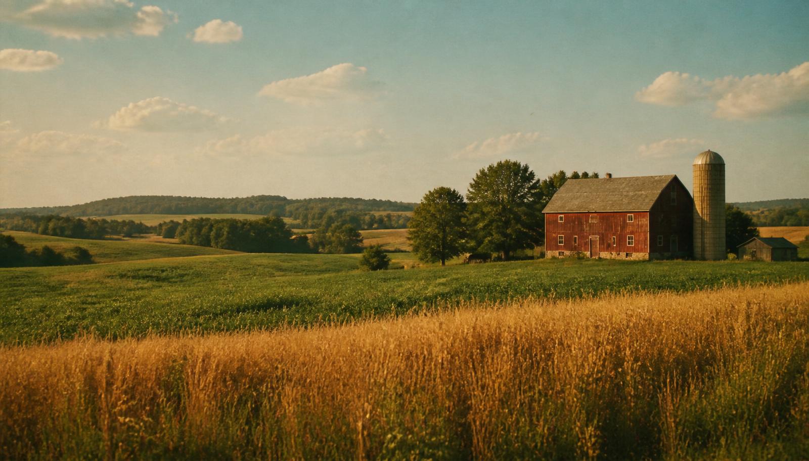 Aerial view of modern farmland at golden hour with geometric fields and a tractor on a service road.