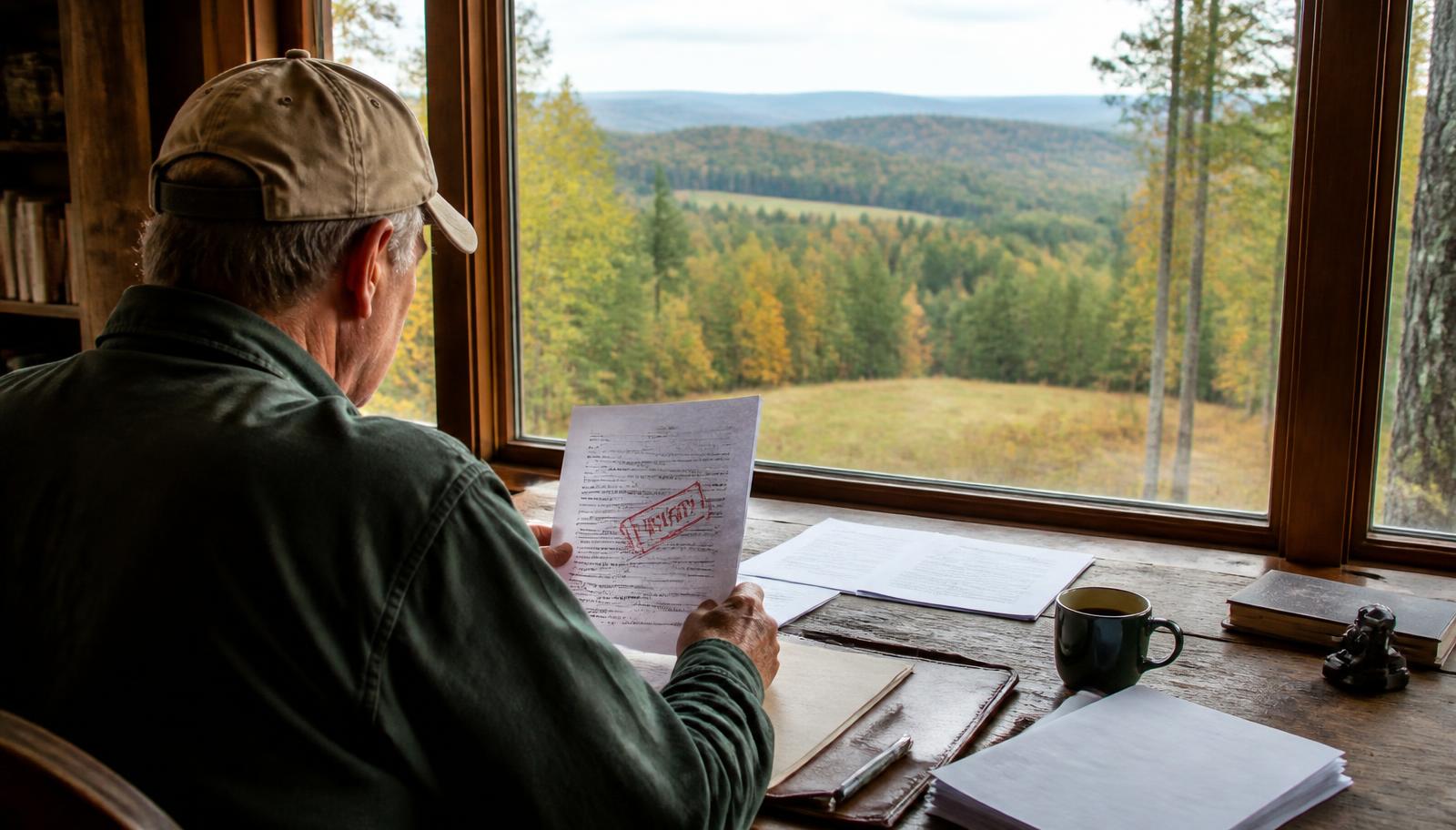 Rural land buyer reviewing a declined loan application while looking across timberland acreage
