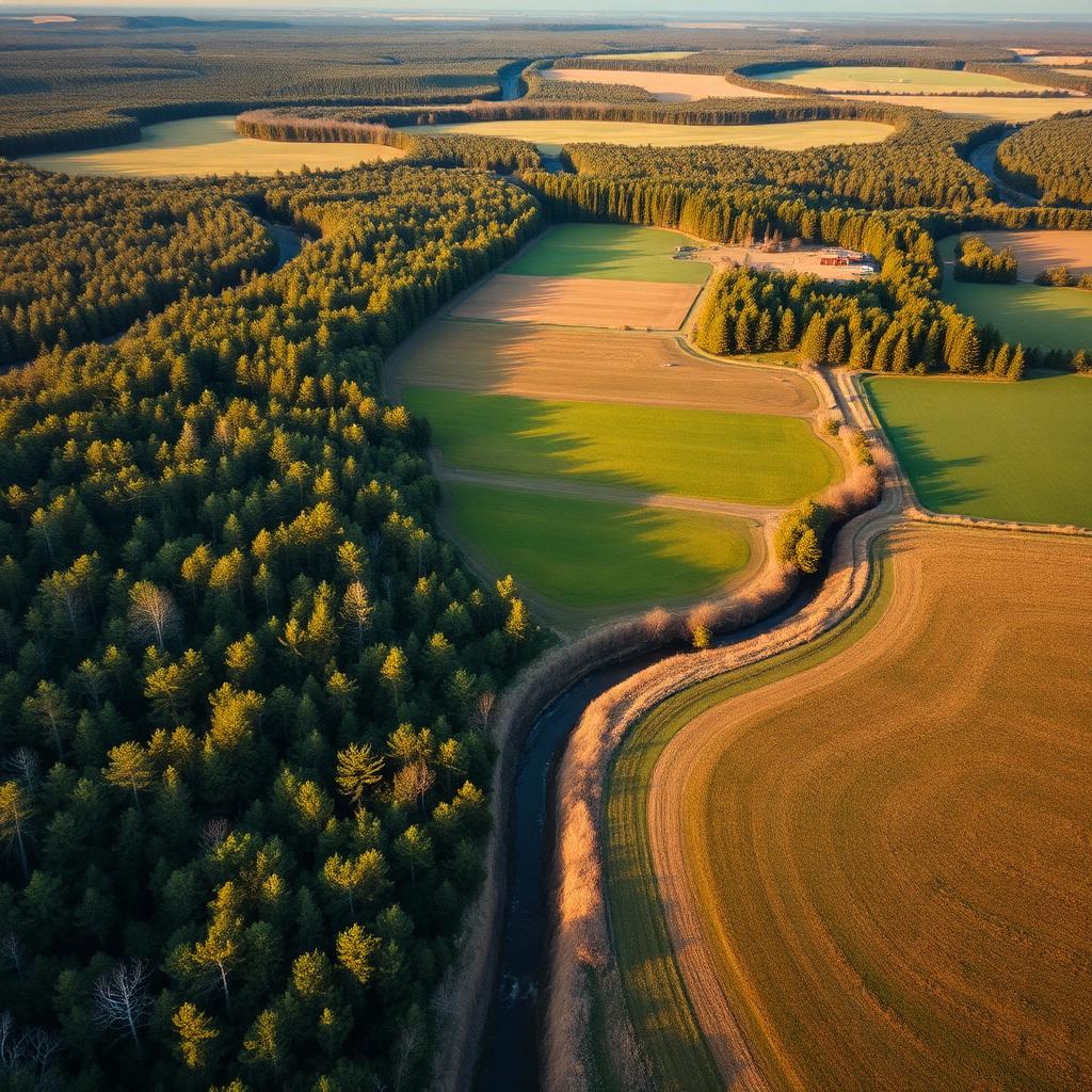 Aerial view of mixed timberland, farmland, and a stream buffer at golden hour, illustrating landowner conservation programs.