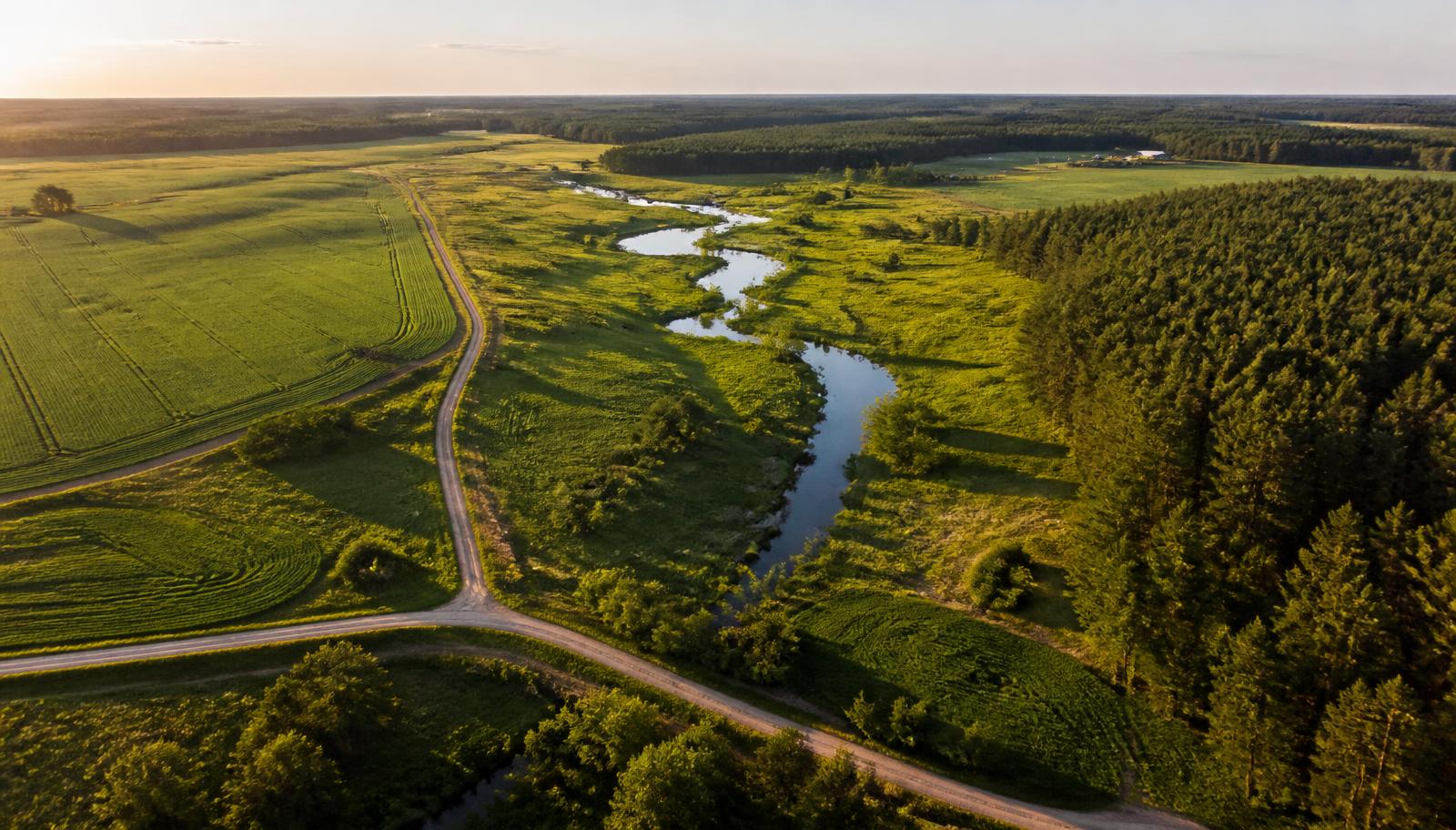 Aerial view of a large acreage rural property with cropland, pasture, a creek and pine timber at golden hour.