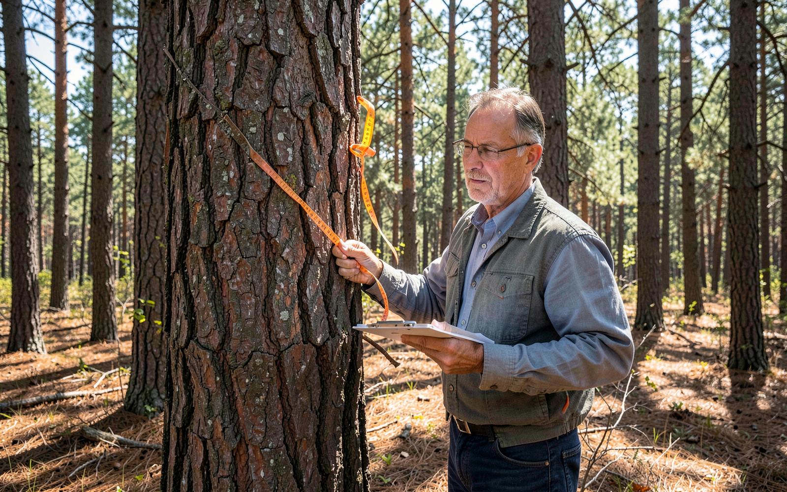 Consulting forester measuring the diameter of a mature pine tree during a timber cruise