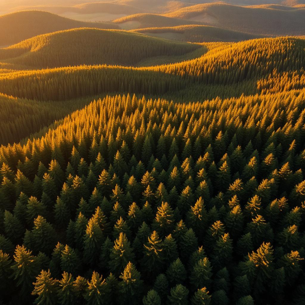 Aerial view of mature pine timberland at golden hour, representing timberland investment as an inflation hedge.
