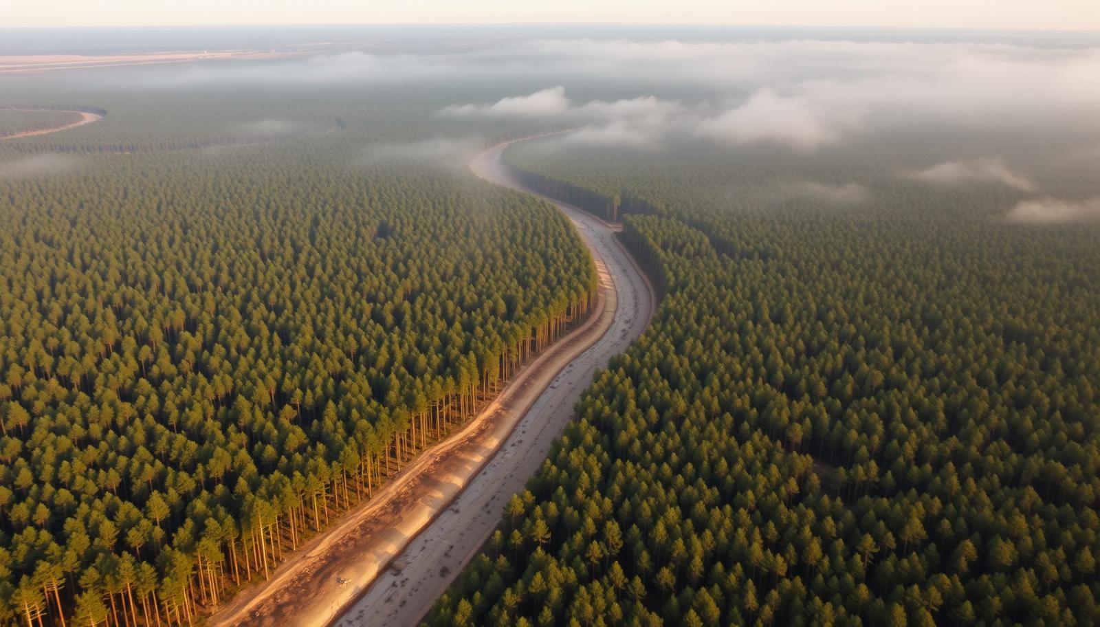 Aerial view of a large managed pine timberland tract with internal logging roads at sunrise