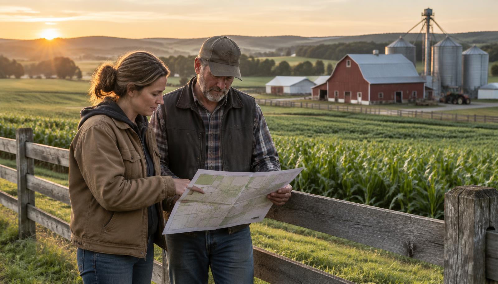 Farmers reviewing a property map beside crop fields, a barn, and grain bins