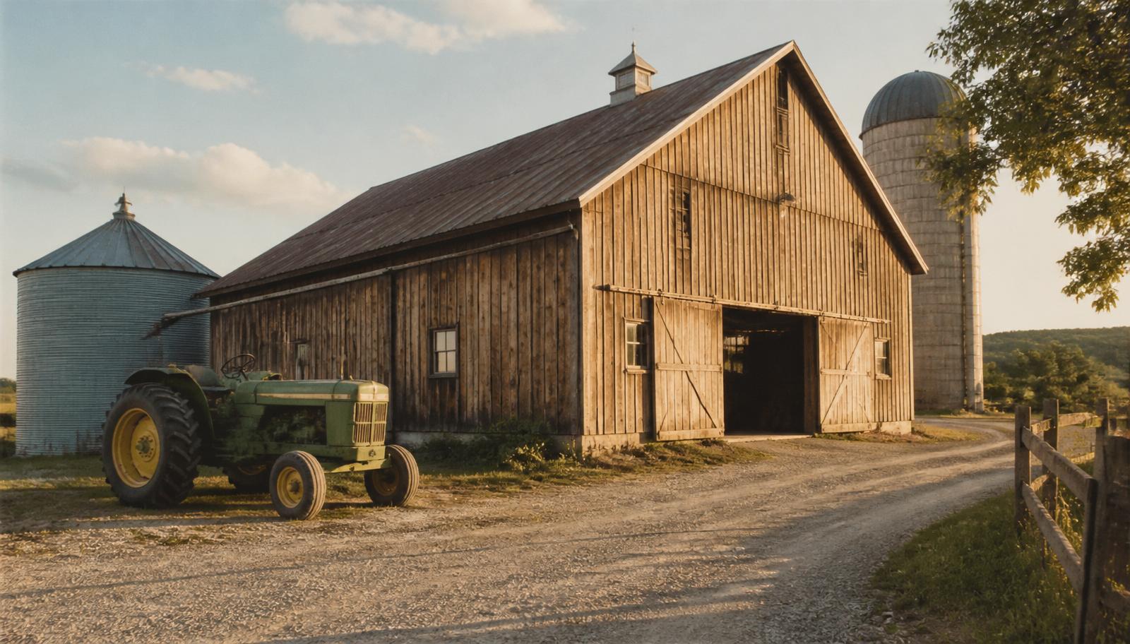 Weathered wooden barn with grain bin and a green tractor at golden hour.